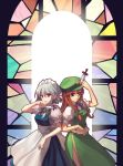  braid china_dress chinadress chinese_clothes hat hong_meiling izayoi_sakuya knife knifed leona_(pixiv) long_hair maid red_eyes red_hair redhead ribbon ribbons short_hair silver_hair stained_glass touhou twin_braids twintails 