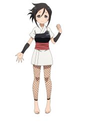  1girl anime_coloring barefoot black_hair blush breasts clenched_hand closed_mouth fishnet_pantyhose fishnets folded_ponytail full_body grey_eyes hair_between_eyes hair_ornament hairclip hand_up japanese_clothes kimono kunoichi_tsubaki_no_mune_no_uchi looking_at_viewer medium_breasts muneate obi official_art okuda_yousuke open_hand outstretched_arm pantyhose parted_bangs ponytail red_sash sash short_hair short_kimono short_sleeves simple_background smile solo spread_fingers standing suzuran_(kunoichi_tsubaki_no_mune_no_uchi) tachi-e tareme transparent_background white_kimono 