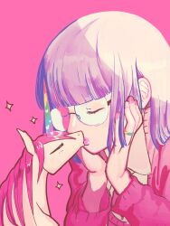  1boy 1girl bestiality blunt_bangs emuko_(ikkakujuu_wa_tsuranukanai) glasses highres ikkakujuu_wa_tsuranukanai long_hair pink_hair pink_lips pink_nails purple_hair size_difference ukyu_(komarukoune) uni_(ikkakujuu_wa_tsuranukanai) unicorn unicorn_horn 