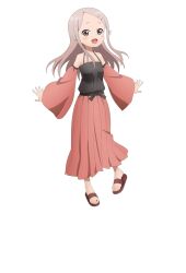  1girl :d ajisai_(kunoichi_tsubaki_no_mune_no_uchi) anime_coloring bare_shoulders black_camisole black_sash blush breasts brown_eyes brown_sandals camisole collarbone detached_sleeves full_body grey_hair hair_ornament hair_ribbon hairclip kunoichi_tsubaki_no_mune_no_uchi long_hair long_skirt looking_at_viewer official_art okuda_yousuke open_hands open_mouth outstretched_arms parted_bangs pink_skirt pink_sleeves pleated_skirt ribbon sandals sash sidelocks simple_background skirt small_breasts smile solo spread_fingers standing tachi-e transparent_background white_ribbon wide_sleeves 