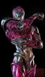  1boy 1other absurdres animal argyle_clothes argyle_shirt argyle_thighhighs black_background epitaph_(jojo) green_eyes hashtag-only_commentary highres holding holding_animal holding_frog jojo_no_kimyou_na_bouken jojo_pose king_crimson_(stand) looking_at_viewer oil_painting_(medium) open_mouth other_focus painting_(medium) pink_hair pink_shirt pink_thighhighs purple_sweater reflection shirt solo stand_(jojo) standing sweater teeth thigh-highs traditional_media vento_aureo vinegar_doppio whitehogiii 