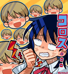  1boy 1girl :d angry blue_hair blue_outline blush brown_eyes brown_hair clenched_hand clenched_teeth collared_shirt commentary_request furious furrowed_brow futsuu_no_keion-bu hatono_chihiro head_only highres multiple_views neck_ribbon otehaik outline red_ribbon ribbon shaded_face shirt short_hair small_pupils smile smug takami_kouki teeth twitter_username upper_body wavy_mouth white_shirt 