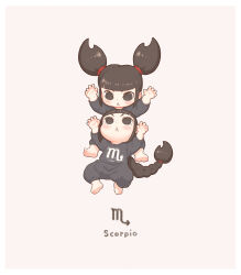  2girls :&lt; arms_up barefoot black_eyes black_hair braid brown_background chibi closed_mouth highres kozato_(yu_kozato) long_hair long_sleeves multiple_girls onesie original scorpio_(symbol) scorpio_(zodiac) siblings simple_background single_braid sisters twins twintails v-shaped_eyebrows very_long_hair zodiac 