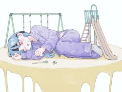  1girl absurdres blue_hair blush full_body highres long_hair long_sleeves lying nanoni! no_shoes on_side open_mouth original pajamas pants pink_eyes playground purple_pants purple_shirt shirt simple_background slide socks solo swing white_background white_socks 