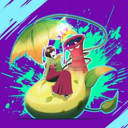  1girl absurdres acid black_hair breasts closed_mouth colored_skin erika_(pokemon) fangs flower full_body green_eyes green_kimono hairband hakama highres japanese_clothes jcstr kimono leaf mega_evolution_symbol mega_pokemon mega_victreebel open_mouth pink_lips plant plant_monster poison pokemon pokemon_(creature) pokemon_legends:_z-a pokemon_lgpe red_hairband red_hakama short_hair smile victreebel vines yellow_skin 