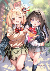  2girls :d bag berry black_hair black_socks blonde_hair blue_vest blurry blurry_background bow bowtie cardigan collared_shirt commentary_request crepe day film_grain food fruit furrowed_brow green_bow green_bowtie green_skirt grey_bag grey_skirt gun hair_ribbon hands_up highres holding holding_another&#039;s_arm holding_crepe holding_food index_finger_raised inoue_takina kink_(tortoiseshell) kneehighs long_hair long_sleeves looking_at_viewer lycoris_recoil miniskirt multiple_girls nishikigi_chisato one_eye_closed open_mouth orange_eyes outdoors plaid_clothes plaid_skirt pleated_skirt red_bow red_bowtie red_ribbon ribbon school_uniform shirt short_hair shoulder_bag skirt smile socks sparkle standing standing_on_one_leg straight_hair strawberry strawberry_slice teeth twitter_username upper_teeth_only vest violet_eyes walking weapon white_shirt yellow_cardigan 