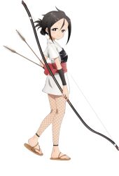  1girl anime_coloring arrow_(projectile) black_hair blush bow_(weapon) breasts closed_mouth fishnet_pantyhose fishnets folded_ponytail from_side full_body grey_eyes hair_between_eyes hair_ornament hairclip holding holding_arrow holding_bow_(weapon) holding_weapon japanese_clothes kimono kunoichi_tsubaki_no_mune_no_uchi looking_at_viewer medium_breasts muneate obi official_art okuda_yousuke pantyhose parted_bangs ponytail sash short_hair short_kimono short_sleeves simple_background smile solo standing suzuran_(kunoichi_tsubaki_no_mune_no_uchi) tachi-e tareme transparent_background waraji weapon white_kimono yumi_(bow) 