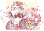  1girl brown_hair clefairy crown dress flower hair_flower hair_flowers hair_ornament happy haruka_(pokemon) jigglypuff nishihara_isao odamaki_sapphire pikachu pokemon pokemon_(creature) pokemon_special rattata skitty smile 