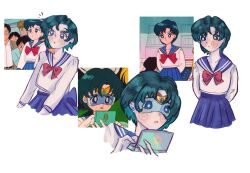  1girl anime_screenshot_inset bishoujo_senshi_sailor_moon blue_eyes blue_hair blue_visor blush bow bowtie bright_pupils circlet derivative_work earrings elbow_gloves gloves highres jewelry juuban_middle_school_uniform looking_at_another miko_s1mp multiple_persona multiple_views parted_bangs red_bow red_bowtie sailor_mercury sailor_senshi_uniform school_uniform screenshot_redraw short_hair simple_background stud_earrings super_computer_(sailor_moon) white_background white_gloves white_pupils 