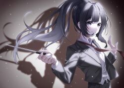  >:) 1girl belt belt_buckle black_belt black_hair black_jacket black_pants black_suit blunt_bangs braid buckle closed_mouth collared_shirt conductor_baton cropped_jacket glint hands_up heroine_(lovebrush_chronicles) high_ponytail highres holding holding_baton holding_wand jacket lapels light_particles long_hair looking_at_viewer lovebrush_chronicles necktie notched_lapels open_clothes open_jacket pant_suit pants ponytail popped_collar ran_78 red_necktie shadow shirt side_braid sideways_glance smile spotlight suit suit_jacket upper_body v-shaped_eyebrows violet_eyes wand white_shirt 