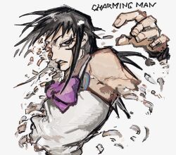  1boy bigmouth_strikes_again black_hair bow character_name charming_man dissolving highres jojo_no_kimyou_na_bouken long_hair looking_at_viewer naru_tomaki overalls parted_lips purple_bow red_eyes solo spiky_hair stand_(jojo) teeth the_jojolands upper_body white_background white_overalls 