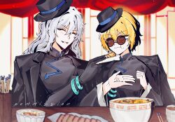 1boy 1girl :3 black_coat black_dress black_gloves black_hat blonde_hair brown-tinted_eyewear china_dress chinese_clothes chopsticks cinq_association_east_uniform closed_eyes coat coat_on_shoulders don_quixote_(project_moon) dress eating glasses gloves hat highres jade_bracelet la_manchaland&#039;s_don_quixote_(project_moon) limbus_company long_hair long_sleeves looking_at_another nana_nana_bot opaque_glasses open_mouth partially_opaque_glasses partially_opaque_sunglasses pov_across_table project_moon round_eyewear short_hair single_glove tilted_headwear tinted_eyewear upper_body white_hair 
