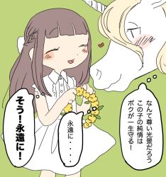  1girl blunt_bangs blush brown_hair child closed_eyes dress green_background heart horse ikkakujuu_wa_tsuranukanai ikuta_semi simple_background sketch smile unicorn unicorn_horn white_dress 
