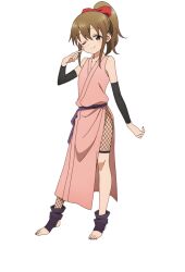  1girl anime_coloring blue_eyes blush bow breasts brown_eyes brown_hair detached_sleeves fishnet_pantyhose fishnet_shorts fishnets full_body hair_bow hand_up hinagiku_(kunoichi_tsubaki_no_mune_no_uchi) index_finger_raised japanese_clothes kimono kunoichi_tsubaki_no_mune_no_uchi looking_at_viewer medium_hair ninja official_art okuda_yousuke one_eye_closed pantyhose pelvic_curtain pink_kimono pointing pointing_at_self ponytail purple_sash red_bow sash side_slit sidelocks simple_background sleeveless sleeveless_kimono small_breasts smile solo standing tachi-e tareme thighs toeless_legwear transparent_background 