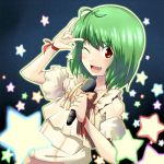  \m/ bad_id blush fang green_hair macross macross_frontier microphone pirlo ranka_lee red_eyes seikan_hikou short_hair space star stars 