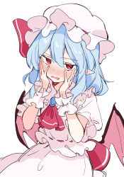  1girl absurdres ascot bat_wings blue_brooch collared_shirt comorebi embarrassed frilled_cuffs frilled_hat frilled_shirt frilled_shirt_collar frills hair_between_eyes hands_on_own_face hat hat_ribbon highres medium_hair mob_cap parted_lips pointy_ears puffy_short_sleeves puffy_sleeves purple_hair red_ascot red_eyes red_ribbon remilia_scarlet ribbon shirt short_sleeves skirt solo touhou white_hat white_shirt white_skirt wings wrist_cuffs 