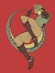  :&lt; absurdres blonde_hair blue_eyes boots claws commentary diego_brando dinosaur_tail full_body gloves grimfantas hair_over_one_eye hat helmet highres jodhpurs jojo_no_kimyou_na_bouken looking_at_viewer male_focus pants red_background spurs steel_ball_run sweater tail 