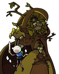  1girl adventure_time antlers character_doll cloak colored_sclera discount-supervillain doll domino_mask finn_the_human highres hood hooded_cloak horns huntress_wizard leaf lich_(adventure_time) mask plant_hair possessed simple_background solo 
