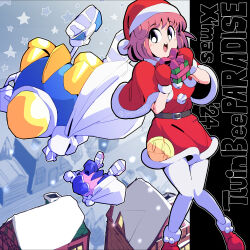  1boy 2girls :o absurdres artist_name beeyan64 belt capelet copyright_name dated gift hat highres holding holding_gift knees_together_feet_apart mittens multiple_girls outdoors pantyhose pastel_(twinbee) pink_hair red_capelet red_mittens red_shoes rooftop sack santa_costume santa_hat shoes short_hair sneakers standing twinbee twinbee_(character) white_pantyhose winbee 