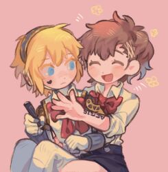  2girls aigis_(persona) android black_skirt blonde_hair blue_eyes blush body_writing bow bowtie brown_hair character_name closed_eyes gekkoukan_high_school_uniform hair_ornament hairclip hashtag-only_commentary heart highres holding holding_marker joints looking_at_another marker multiple_girls open_mouth persona persona_3 persona_3_portable pink_background red_bow red_bowtie robot_joints school_uniform shiomi_kotone shirt short_hair simple_background sitting skirt smile white_shirt x_hair_ornament xikq0py 