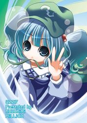  backpack bag blue_eyes blue_hair hair_bobbles hair_ornament hat kawashiro_nitori mouth_hold short_hair solo touhou twintails v 