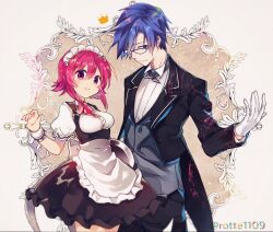  1boy 1girl alternate_costume apron blue_eyes blue_hair blush bow breasts butler chaos;child closed_mouth dress enmaided frills gloves hair_between_eyes hair_ornament highres long_sleeves looking_at_viewer maid maid_apron maid_headdress miyashiro_takuru onoe_serika pink_eyes pink_hair puffy_sleeves rotte_(1109) science_adventure shirt short_hair short_sleeves shy_smile simple_background small_breasts smile standing thighs white_apron white_shirt wrist_cuffs 