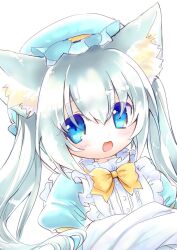  1girl animal_ears apron bed_sheet blue_dress blue_eyes blue_hat cat_ears cat_girl dress emil_chronicle_online frilled_apron frills hat holding holding_sheet long_hair maid nekomata_sharu open_mouth ribbon solo twintails upper_body white_apron white_background white_hair yellow_ribbon yusa_yuyu 