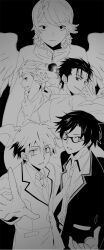  5boys angel_wings chaos;child chaos;head coat collared_shirt confident gamon_yuuta glasses greyscale hekiho_academy_school_uniform highres ikuhashi_muiko in-franchise_crossover jacket long_sleeves looking_at_viewer male_focus miyashiro_takuru monochrome multiple_boys necktie nishijou_takumi occultic;nine okabe_rintarou open_mouth outstretched_crossed_arms robotics;notes school_uniform science_adventure serious shirt short_hair smile smug steins;gate stretching suimei_academy_school_uniform surprised wings yashio_kaito 