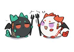  ... arknights black_wings chinese_commentary closed_mouth commentary_request dragon_bubble_(arknights) dusk_(arknights) fork highres holding holding_fork nian_(arknights) no_humans notice_lines open_mouth orange_eyes pink_eyes san_jin_(xinjinjumin1962849) simple_background white_background wings 