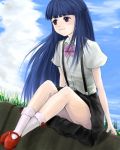  :3 arm_support bangs blue_hair blue_sky blunt_bangs bobby_socks bow cloud clouds crossed_legs dutch_angle flower furude_rika grass higurashi_no_naku_koro_ni leaning_forward legs_crossed long_hair looking_away purple_eyes red_shoes school_uniform short_sleeves sitting skirt sky socks suspenders upskirt violet_eyes white_shirt 