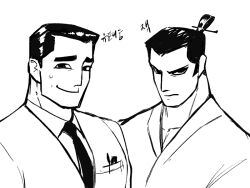  2boys black_eyes cartoon_network closed_mouth company_connection crossover greyscale hair_ornament japanese_clothes kimono korean_text looking_at_viewer monochrome multiple_boys nalubwin powerpuff_girls professor_utonium samurai_jack samurai_jack_(character) suit sweatdrop topknot white_background 