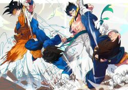  4boys black_hair blue_sash brown_hair commentary_request dougi dragon_ball dragon_ball_z earrings fighting fusion gogeta jewelry kicking metamoran_vest multiple_boys ommmyoh orange_pants pants potara_earrings saiyan_armor sash smile son_goku spiky_hair vegeta vegetto 