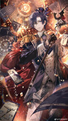  1boy absurdres ascot bad_source black_gloves black_hat blue_ascot blue_eyes blue_hair blue_jacket broken buttoned_cuffs buttons cape card chinese_commentary clarence_clayden collared_shirt confetti cowboy_shot curtained_hair diffraction_spikes double-breasted dragon epaulettes floating_card frilled_sleeves frills gem gloves hair_between_eyes half_gloves hand_up hat hat_feather highres holding holding_staff jacket justice_(tarot) lapels light_particles long_sleeves looking_at_viewer lovebrush_chronicles male_focus mini_hat mini_top_hat mole mole_under_eye monocle official_art open_clothes open_jacket pants parted_lips red_cape red_gemstone refraction senryoko shirt short_hair sideways_glance sleeve_cuffs small_dragon smile solo staff stained_glass tarot tarot_card the_magician_(tarot) the_tower_(tarot) thigh_strap top_hat vest watermark weibo_watermark white_pants white_shirt white_vest 