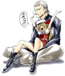  crossover face facial_hair flandre_scarlet fumei hat imizu_(nitro_unknown) konami lap_sitting metal_gear metal_gear_solid metal_gear_solid_4 mustache old_man old_snake sitting sitting_on_lap sitting_on_person solid_snake touhou translated white_hair 
