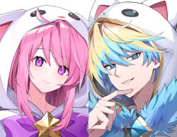  1boy 1girl absurdres ahoge animal_hood blonde_hair blue_eyes blue_hair bow collage commentary english_commentary ezreal finger_to_own_chin head_tilt highres hood hood_up hooded_pajamas league_of_legends light_blush looking_at_viewer lux_(league_of_legends) medium_hair multicolored_hair onesie pajama_guardian_ezreal pajama_guardian_lux pajamas parted_lips pelicana pink_hair purple_bow sidelocks simple_background smile star_(symbol) star_guardian_(league_of_legends) swept_bangs two-tone_hair violet_eyes white_background white_hood white_pajamas 