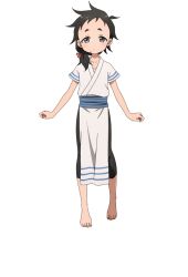  1girl anime_coloring black_hair black_pants blue_sash blush breasts flat_chest full_body hair_ribbon japanese_clothes kimono kunoichi_tsubaki_no_mune_no_uchi looking_at_viewer low_ponytail medium_hair mukuge_(kunoichi_tsubaki_no_mune_no_uchi) obi official_art okuda_yousuke pants pelvic_curtain ponytail red_ribbon ribbon sash short_eyebrows short_sleeves simple_background solo spiky_hair standing tachi-e tareme thick_eyebrows transparent_background white_kimono 