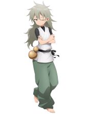  1girl anime_coloring black_sash breasts closed_mouth crossed_arms flat_chest full_body gourd green_hair green_pants hair_between_eyes japanese_clothes kimono kunoichi_tsubaki_no_mune_no_uchi leg_up long_hair looking_at_viewer ninja official_art okuda_yousuke one_eye_closed oniyuri_(kunoichi_tsubaki_no_mune_no_uchi) pants sash sharp_teeth short_sleeves simple_background solo standing standing_on_one_leg tachi-e teeth toenails toes transparent_background tsurime white_kimono 