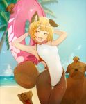  1girl animal_ears arms_behind_back beach black_legwear blonde_hair bob_cut braid breasts clouds competition_swimsuit dog dog_ears dog_girl dog_tail erune eyebrows_visible_through_hair fang flower granblue_fantasy hair_flower hair_ornament highres hikimayu holding holding_innertube inflatable_toy innertube masato_(mirai_koubou) ocean one-piece_swimsuit open_mouth palm_tree pantyhose pantyhose_under_swimsuit puppy short_hair small_breasts smile swimsuit tail thighs tree vajra_(granblue_fantasy) yellow_eyes 