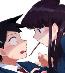  1boy 1girl bangs black_eyes black_hair blazer blue_jacket blush collared_shirt degraded_ice embarrassed eye_contact face-to-face food food_in_mouth highres jacket komi-san_wa_komyushou_desu komi_shouko looking_at_another medium_hair mouth_hold necktie pocky pocky_kiss purple_hair red_neckwear school_uniform shiny shiny_hair shirt short_hair sidelocks simple_background sweatdrop tadano_hitohito upper_body white_background 