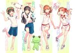  4girls :d arm_up arms_up bare_arms bare_shoulders black_hair blue_eyes blue_shorts blush bow breasts brown_eyes brown_hair character_name commentary_request flower flower_wreath gekota gym_shirt gym_shorts gym_uniform hair_bow head_wreath long_hair misaka_mikoto multiple_girls navel open_mouth pink_flower puffy_short_sleeves puffy_sleeves raika9 red_bow saten_ruiko shirai_kuroko shirt shoes short_shorts short_sleeves shorts sleeveless sleeveless_shirt small_breasts smile standing standing_on_one_leg to_aru_kagaku_no_railgun to_aru_majutsu_no_index twintails twitter_username uiharu_kazari very_long_hair w white_flower white_footwear white_shirt white_shorts 