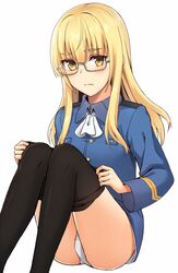  1girl black_legwear blonde_hair blush breasts closed_mouth eyebrows_visible_through_hair glasses long_hair looking_at_viewer military military_uniform momiji7728 neckerchief panties pantyhose perrine_h_clostermann shiny shiny_clothes shiny_hair simple_background sitting small_breasts solo strike_witches underwear undressing uniform white_background white_neckwear white_panties world_witches_series yellow_eyes 