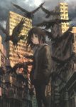  1girl bird black_eyes black_hair black_legwear blurry building city cityscape clouds cloudy_sky crow dark depth_of_field feathers hands_in_pockets highres hood hoodie jacket looking_to_the_side muted_color open_mouth original outdoors pantyhose scenery shorts sky tokunaga_akimasa wind 