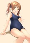  1girl :d arm_support bangs bare_arms bare_shoulders blue_swimsuit blush breasts brown_background brown_eyes brown_hair collarbone commentary_request eyebrows_visible_through_hair feet_out_of_frame highres looking_at_viewer old_school_swimsuit one-piece_swimsuit open_mouth original pulled_by_self school_swimsuit shibacha sidelocks simple_background small_breasts smile solo strap_pull swimsuit twintails 