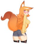  1girl animal_ear_fluff animal_ears ass bangs black_legwear blunt_bangs chestnut_mouth commission fox_ears fox_tail freckles glasses halphelt highres long_hair long_sleeves looking_at_viewer looking_back orange_hair original pink_eyes shorts simple_background solo standing sweater tail tinted_eyewear very_long_hair white_background yellow_sweater 