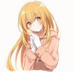  +_+ 1girl bangs blonde_hair blush breath closed_eyes commentary_request eyebrows_visible_through_hair gloves hair_between_eyes hands_together hands_up head_tilt jacket light_smile long_hair long_sleeves looking_at_viewer nemu_mohu own_hands_together pink_jacket shokuhou_misaki simple_background sleeve_cuffs solo tareme to_aru_kagaku_no_railgun to_aru_majutsu_no_index upper_body white_background white_gloves winter_clothes yellow_eyes 