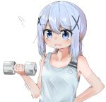 1girl bangs bare_arms bare_shoulders blue_eyes blue_hair blue_tank_top blush collarbone commentary_request dumbbell eyebrows_visible_through_hair flying_sweatdrops gochuumon_wa_usagi_desu_ka? hair_between_eyes hair_ornament highres holding houjichaoic kafuu_chino long_hair parted_lips sidelocks simple_background solo sweat tank_top tippy_(gochiusa) trembling upper_body white_background x_hair_ornament 