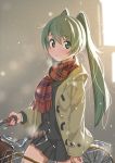  1girl bicycle coat cowboy_shot green_eyes green_hair ground_vehicle hair_between_eyes hatsune_miku long_hair outdoors scarf skirt snowing solo standing tshangen131 twintails vocaloid 