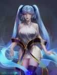  1girl artist_name bare_shoulders black_legwear blue_bow blue_eyes blue_hair bow breasts covered_nipples dress hagoromo hair_bow halter_dress highres hip_vent large_breasts league_of_legends lips lohel long_hair looking_at_viewer no_bra no_panties nose over-kneehighs shawl short_dress sideboob solo sona_buvelle thigh-highs twintails very_long_hair white_dress zettai_ryouiki 