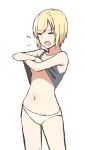  1girl black_tank_top blonde_hair blush breasts closed_eyes collarbone erica_hartmann eyebrows_visible_through_hair momiji7728 navel no_bra open_mouth panties shiny shiny_hair short_hair simple_background small_breasts solo standing strike_witches tank_top tank_top_lift tears tongue under_boob underwear undressing white_background white_panties world_witches_series yawning 