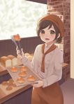  1girl :d absurdres bakery bread brown_eyes brown_hair brown_headwear brown_neckwear food highres holding holding_tray indoors long_sleeves looking_at_viewer open_mouth original shirt shop short_hair smile standing tongs tray white_shirt yutuka01 